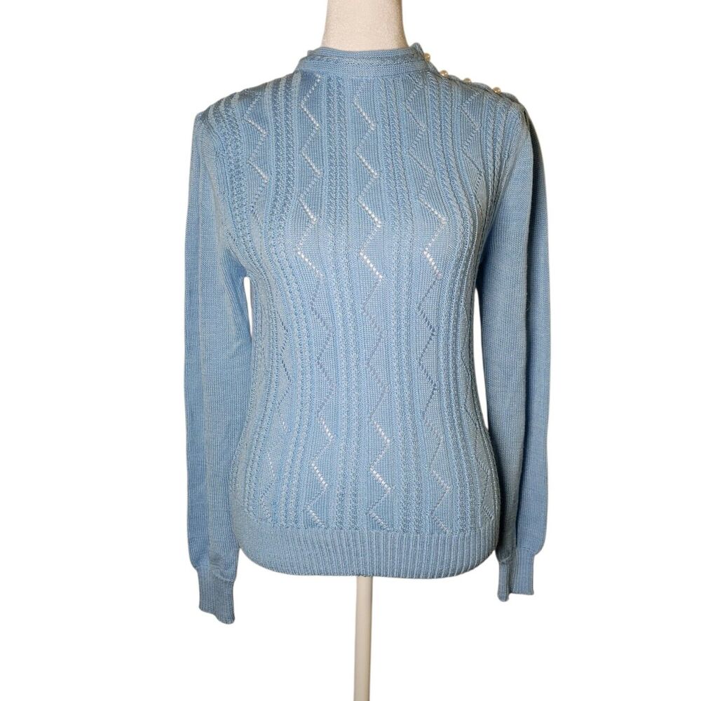 Vtg Golden Touch Sweater Blue Chevron Cable Knit Pearl L Balletcore Coquette
